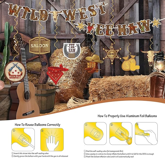 Western Party Decorations For Boys, Cowboy Rodeo Party Supplies,Wild West Banner,Photo Booth Props,Horse Foil Balloon for Men