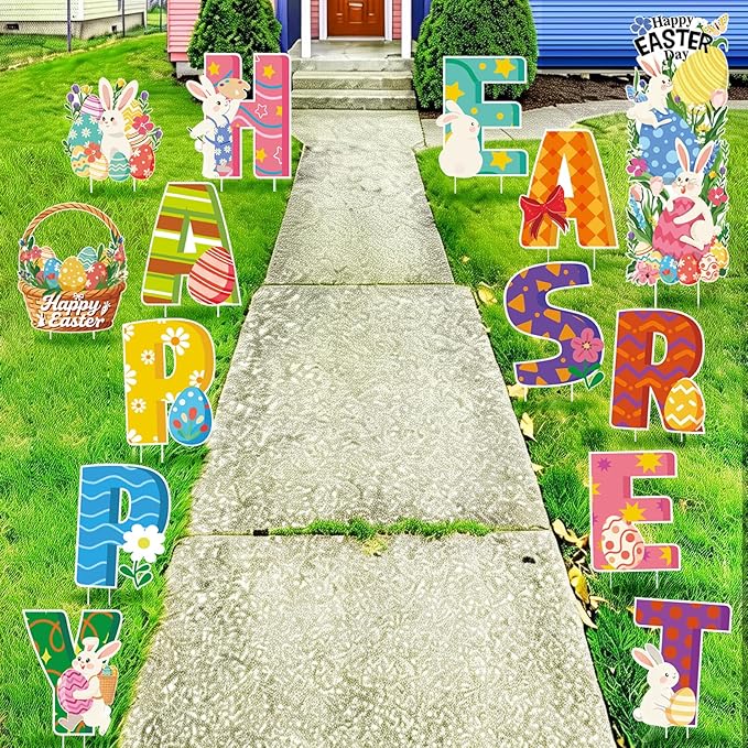 15PCS Happy Easter Yard Signs Set, 34” Large Happy Bunny & Egg Outdoor Easter Decorations on H-Shaped Metal Stand, Outdoor Lawn & Garden, Easter Party, Pathway, Patio, Spring Holiday