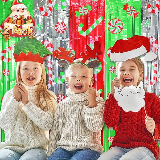 Christmas Party Decorations Candy Cane Foil Fringe Curtains, 2Pcs Red Silver Green Christmas Backdrop Photo Booth Prop Streamers for Ugly Sweater Party, 3.3x6.6Ft