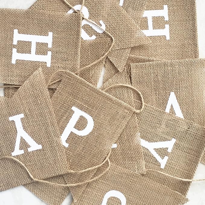 Uniwish Happy Birthday Burlap Banner Neutral Happy Birthday Party Decorations Boho Rustic Bunting Sign Swallowtail Flags, 2 in 1