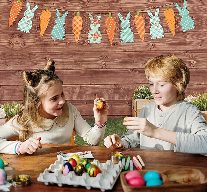 Happy Easter Backdrop Spring Rabbit Carrot Green Grass Eggs Baby Shower Backdrop Brown Wooden Wall Easter Party Decoration (8x6ft)