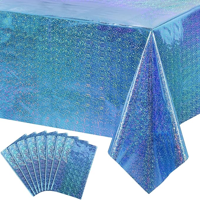 8 Pack Iridescence Plastic Tablecloths Shiny Disposable Laser Rectangle Table Covers Holographic Foil Tablecloth Iridescent Party Decoration Birthday Bridal Wedding Christmas 54" x 108" (Blue)