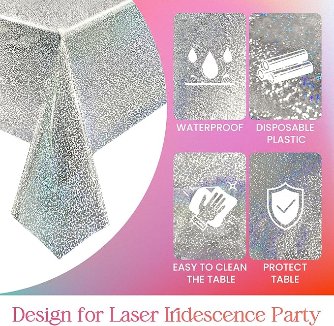 2 Pcs Black & Silver Holographic Laser Tablecloths Shiny Plastic Table Cloths 40" x 108" Black and White Classical Halloween Events Birthday Party Decor Anniversary Supplies
