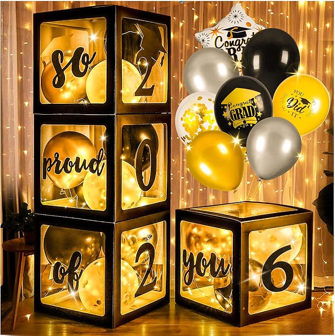 AYGXU Graduation Decorations 2026-Graduation Party Decorations,Graduation Balloons Boxes(4PCS) with LED Light Strings & Letters 2026 GRAD So Proud of You,Party Favors For Any Grades Class.