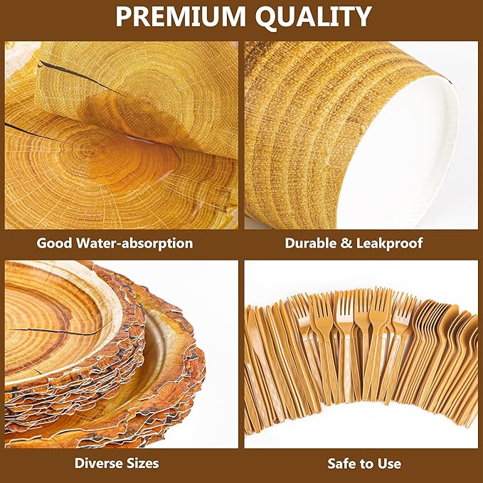 Kochorie 175 Pieces Rustic Wood Slice Party Supplies Camping Wood Grain Slice Tableware Set 7 Inch and 9 Inch Paper Plates Napkins Cups Cutlery for Hunting Birthday Party Decorations, Serve 25 Guests