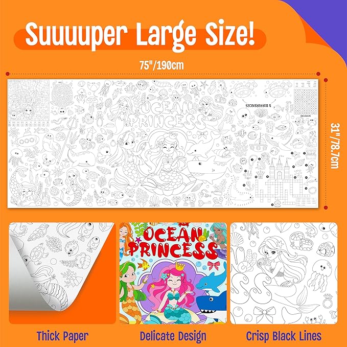 Mermaid World Coloring Poster, Large Coloring Activity Paper 75” x 31” Jumbo Size Ocean-themed Paper DIY Painting Drawing Banner/Tablecloth for School, Wall Decor