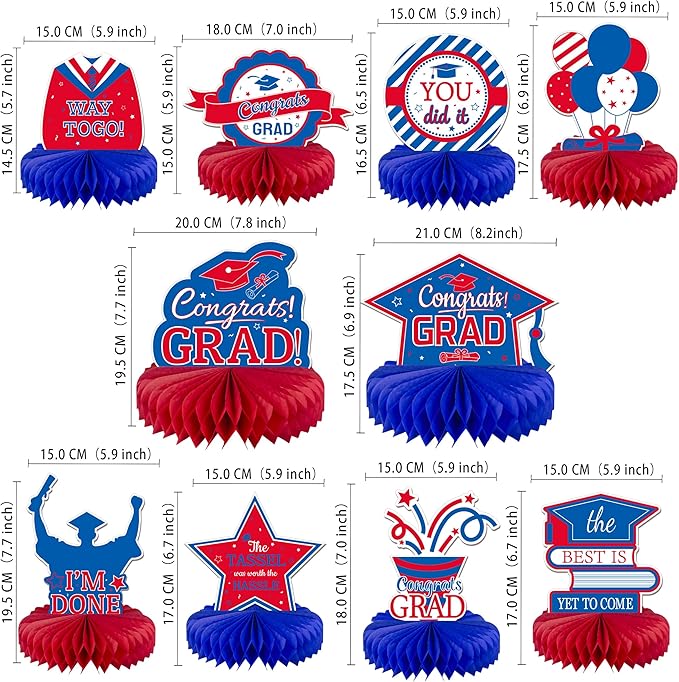 10PCS Graduation Decorations Class of 2025 Centerpieces, Congrats Grad Honeycomb Table Toppers for Graduation Party Favors, 2026 Graduation Party Decorations (10PCS, Red & Blue)