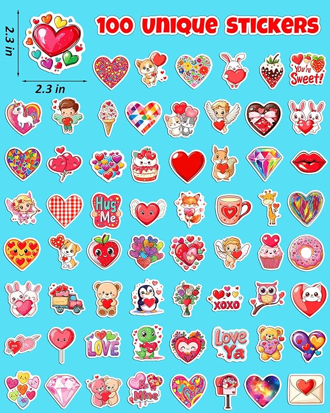 100 PCS Valentines Stickers for Kids, Bulk Heart Stickers for Valentines Day Gifts for Kids Classroom School Exchange, Vinyl Decals, Crafts, Party Favors, Goodie Bags Decorations