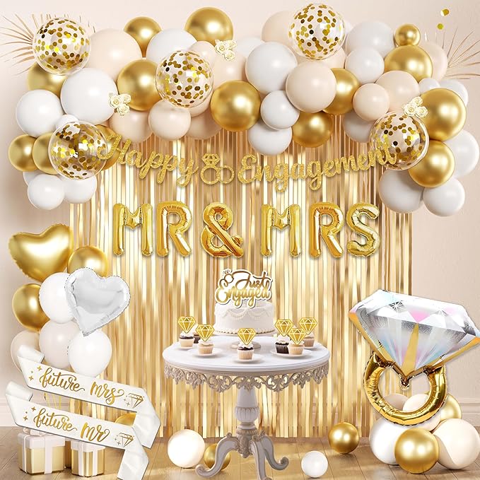 Engagement Party Decorations Set, Gold and White Balloon, MR & MRS Balloons with Foil Backdrop, Cake Toppers and Banners,Sash