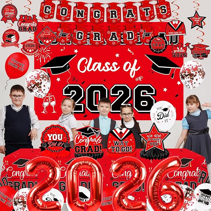 Graduation Decorations 2026, Class of 2026 Backdrop, Banner, 2026 Foil Balloons, Tablecloth, Hanging Swirls, Honeycomb Centerpieces, Party Supplies Decorations Set for College (RED)