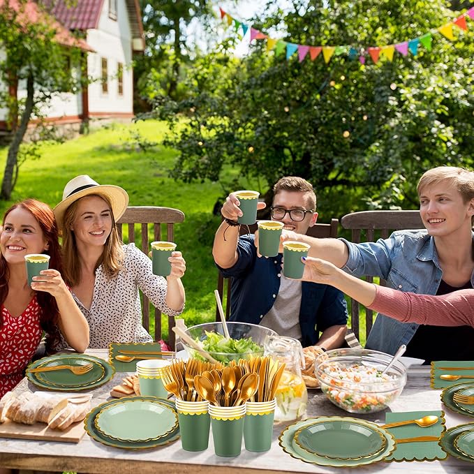 Kochorie 140 PCS Sage Green Party Supplies for 20 Guests Disposable Dinnerware Set Includes Scalloped Plates Napkins Cup Cutlery Tableware Set for Birthday Party Wedding Baby Shower Picnic