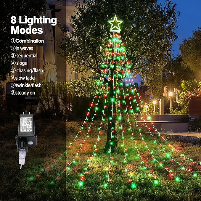 BlcTec Outdoor Christmas Decorations 317 LEDs Christmas Lights with 9 Strands 11.9ft Waterfall Christmas Tree Lights, 8 Modes, Waterproof, Topper Star & Timer for Yard Patio Xmas Décor, Red Green