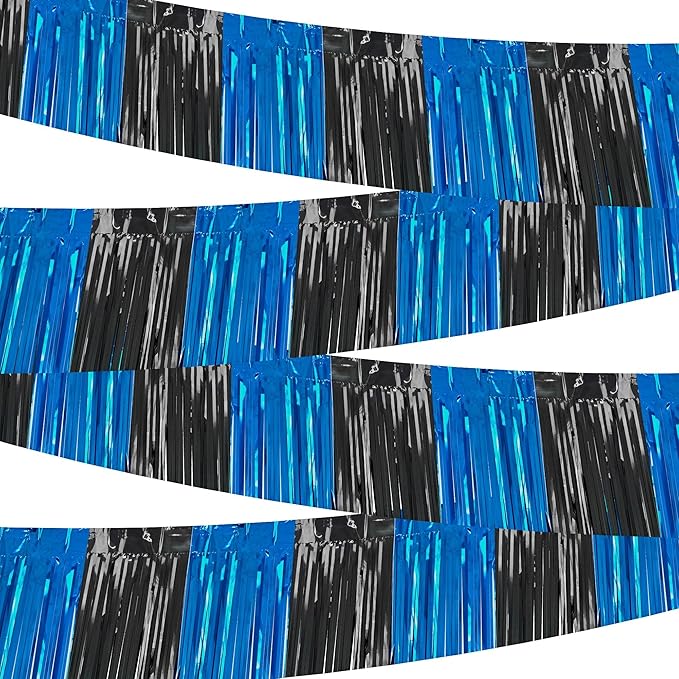 4 Packs Total 39 Ft Graduation Parade Floats for Trailer Car, Black Royal Blue Foil Fringe Garland Tinsel Streamers Banner Table Skirts for Graduation Homecoming Birthday Party(Black Blue)