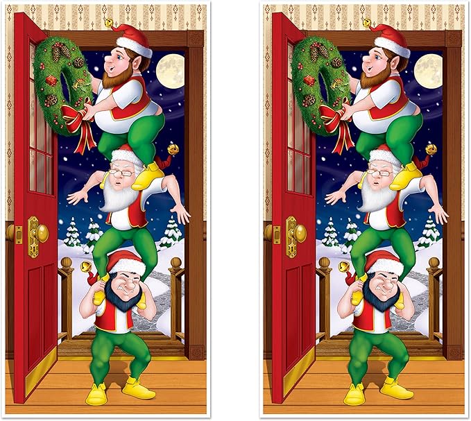 Beistle Christmas Elves Door Covers, 5’ x 30”, 2 Pieces – Plastic for Indoor & Outdoor Use – Easily Display – Santa's Workshop, Christmas Party Decorations & Holiday Decor