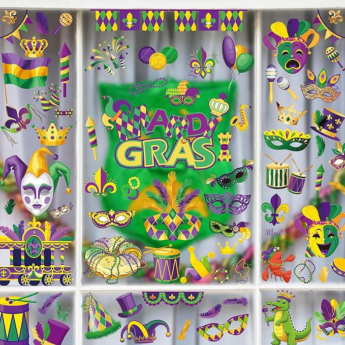 9 Sheets Mardi Gras Window Clings, 11.8 × 7.8 Inches Mardi Gras Decorations, Purple, Gold and Green Window Decals, Double-Sided Carnival Sticker Decor for New Orleans Carnival Holiday Party Supplies