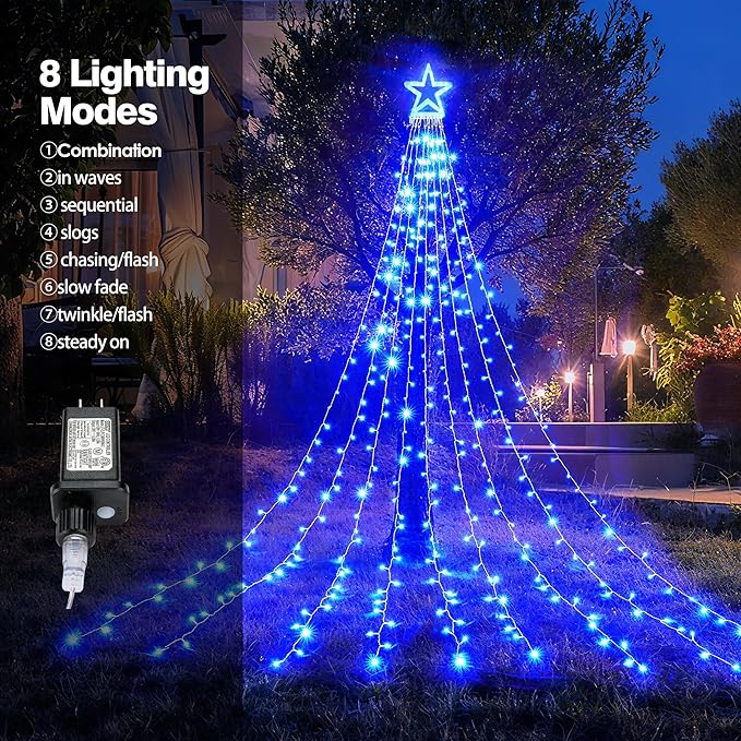 BlcTec Outdoor Christmas Decorations 317 LEDs Christmas Lights with 9 Strands 11.9ft Waterfall Christmas Tree Lights, 8 Modes, UL Certified, Waterproof, Topper Star & Timer for Yard Patio Décor, Blue