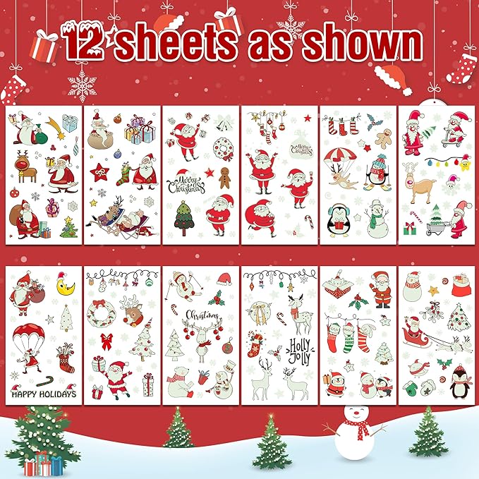 243PCS Christmas Tattoos, 12Sheets Christmas Party Favors, Luminious Xmas Tattoos Stocking Stuff, Xmas Stickers, Bulk Xmas Holiday Ugly Sweater Party Supplies Accessories Candy