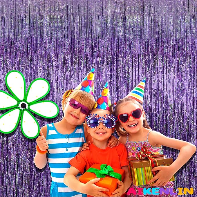 4 Pack 3.2Ft x 8.2Ft Light Purple Foil Fringe Curtain Backdrop, Metallic Tinsel Foil Fringe Streamers Curtains for Photo Booth, Birthday, Wedding, Disco, Halloween, Christmas Party Decoration