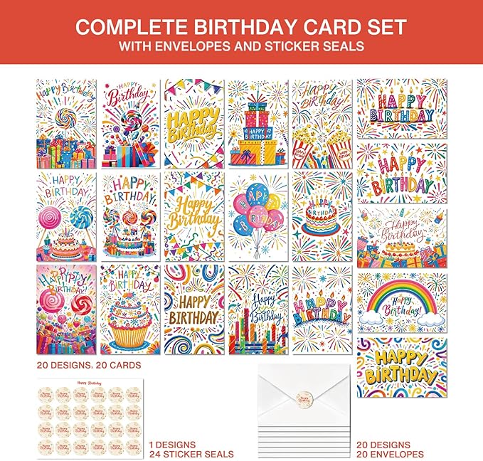 20pcs Birthday Cards, Messages, Envelopes, and Stickers | 4x6 Inch Happy Birthday Cards Bulk for Family, Kids, Friends, Work, and Office Celebrations. (20 Pcs Cards With Firework patterns)