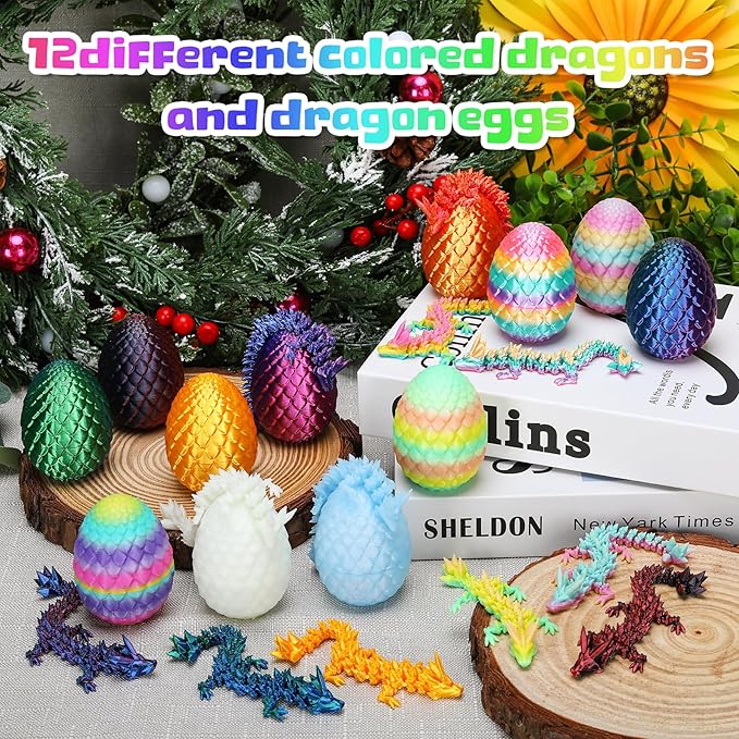 12 Pcs 3D Printed Dragon with Egg for Easter Basket Stuffers, Dinosaur Easter Eggs Fillers Fidget Toys,Easter,Birthdays, Christmas Easter Decorations Gifts for Girls Boys(Without Keychain)