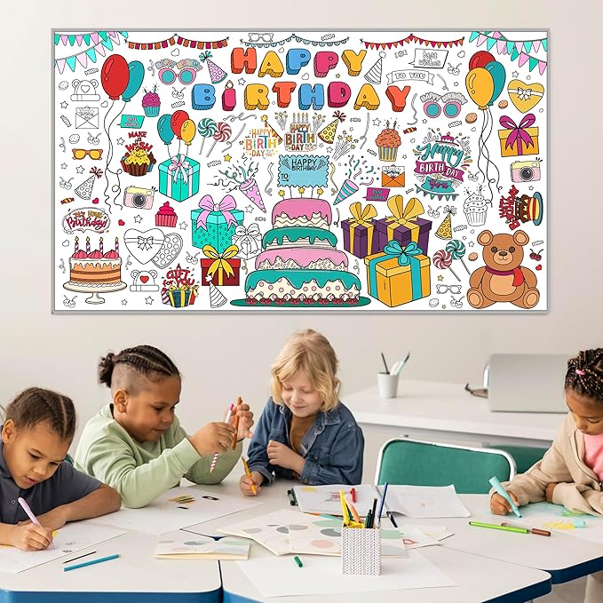 OHOME Birthday Giant Coloring Tablecloth - Birthday Decorations - Arts and Crafts for Kids Ages 8-12,Kids Crafts for 4 5 6 7 8 9 10 Year Old Girl Boy Gift,School Stuff Supplies for 4-8