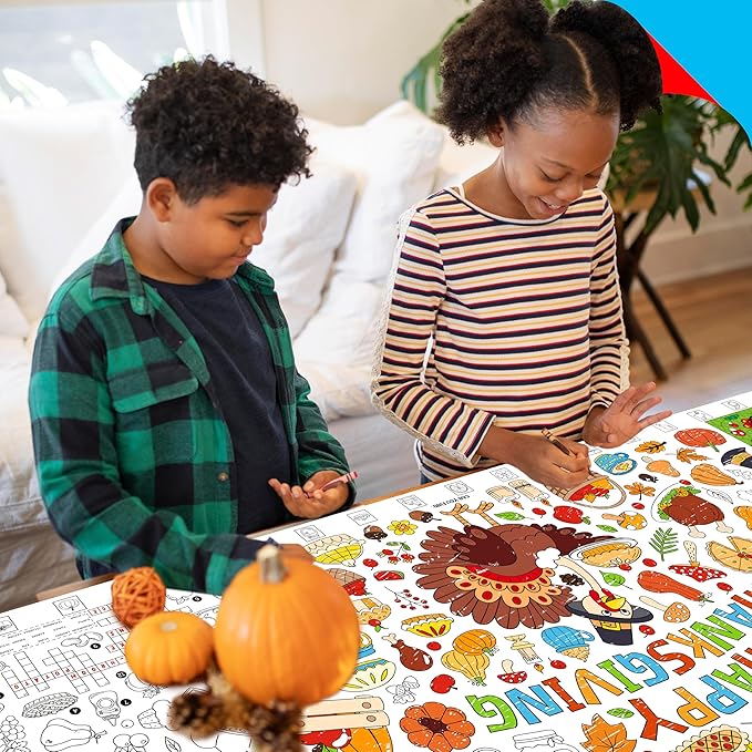Thanksgiving Coloring Poster, Large Coloring Activity Paper 75” x 31” Jumbo Size Versatile Paper DIY Painting Drawing Banner/Tablecloth for School, Autumn Theme Parties, Wall Decor