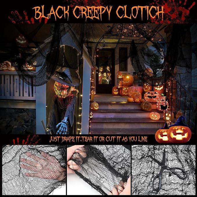 6 Pack Halloween Decorations Indoor Outdoor, Halloween Decor Creepy Cloth Spooky Scary Gauze for Halloween Party Supplies Home Tree Wall Doorway Yard Garden Skeleton Decor (Black+White, 30"x 72")