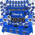 Graduation Decorations 2026, Class of 2026 Backdrop, Banner, 2026 Foil Balloons, Tablecloth, Hanging Swirls, Honeycomb Centerpieces, Party Supplies Decorations Set for College (BLUE)