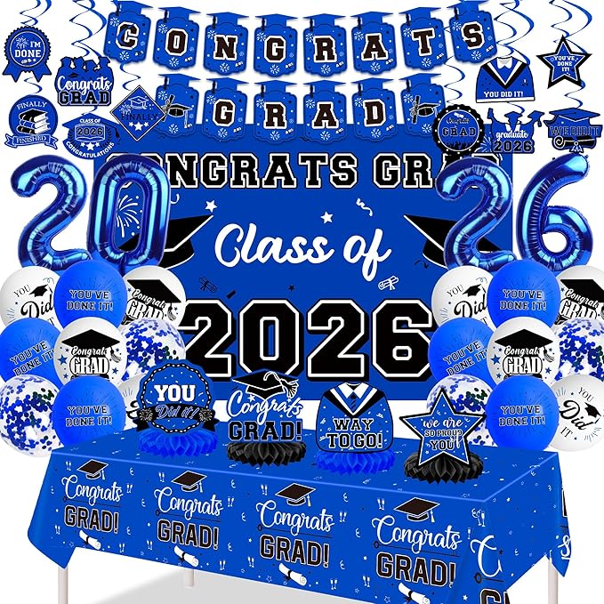 Graduation Decorations 2026, Class of 2026 Backdrop, Banner, 2026 Foil Balloons, Tablecloth, Hanging Swirls, Honeycomb Centerpieces, Party Supplies Decorations Set for College (BLUE)