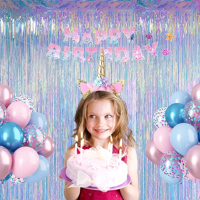 Melsan Iridescent Foil Fringe Backdrops Party Decorations - 3.2 x 6.56 ft Metallic Tinsel Photo Backdrop Curtains for Ocean Princess Birthday Parties - Iridescent 2 Packs