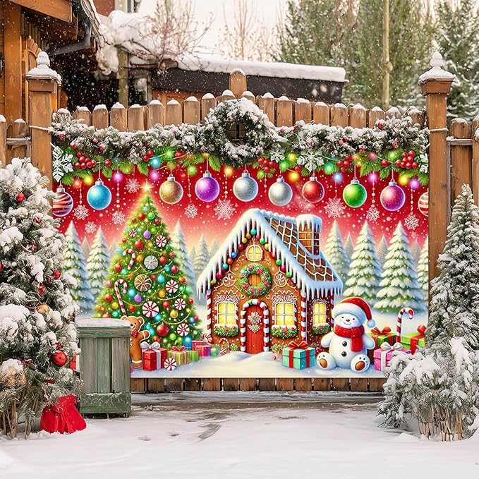 Gingerbread House Backdrop 71x43 Inches Christmas Tree Scene Banner Holiday Party Decoration Merry Christmas Backdrop for Photography Indoor Outdoor Gingerbread Christmas Background