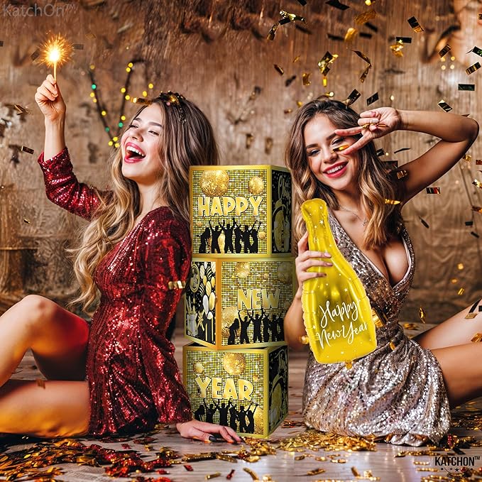 KatchOn, Happy New Years Decorations 2026 - Pack of 3 | New Year Balloon Boxes 2026 for New Years Eve Party Supplies 2026 | Black, Gold New Year Balloons and Confetti Boxes | NYE Decorations 2026