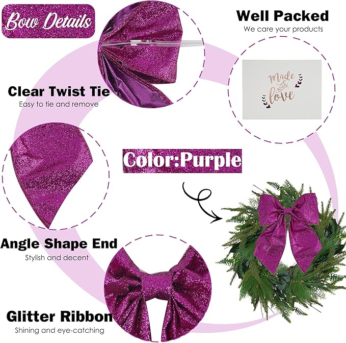 AIMUDI Purple Glitter Wired Ribbon Bows with Twist Tie 5.5" Premade Metallic Christmas Bows for Gift Wrapping, Wreath, Garland, Holiday Crafts Party Home Outdoor Christmas Tree Decorations, 12 PCs