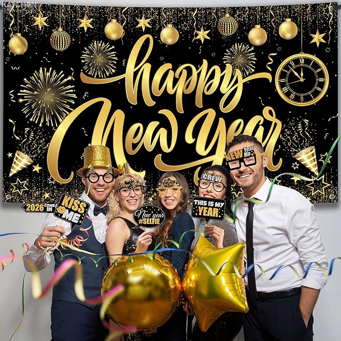 KatchOn, New Years Eve Party Supplies 2026 Set - Pack of 48 | Black and Gold Happy New Year Banner, New Year Photo Booth Props | 2026 Glasses for New Years Decorations | NYE Eve Decorations