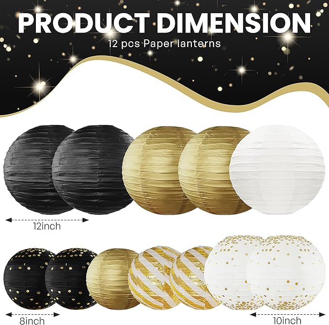 Black and Gold Hanging Paper Lanterns Decorations Graduation 2026 12pcs Paper Lanterns Decorative for Great Gatsby Theme Birthday Retirement Party Decorations