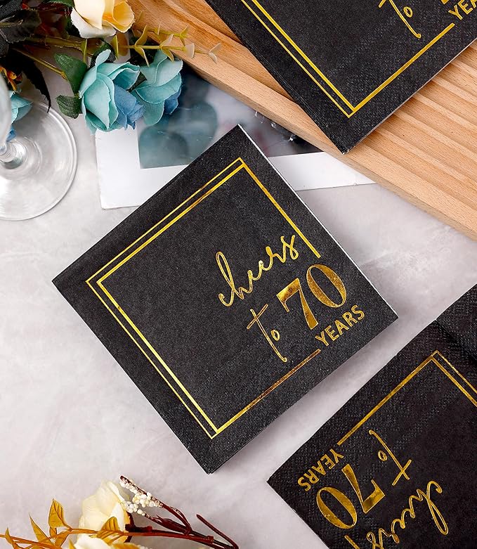 Cheers to Years Cocktail Napkins - 50 PK - 3-Ply Birthday Napkins 5x5 Inches Disposable Party Napkins Beverage Paper Napkins or Birthday Decorations Wedding Anniversary Black and Gold (70 Years)