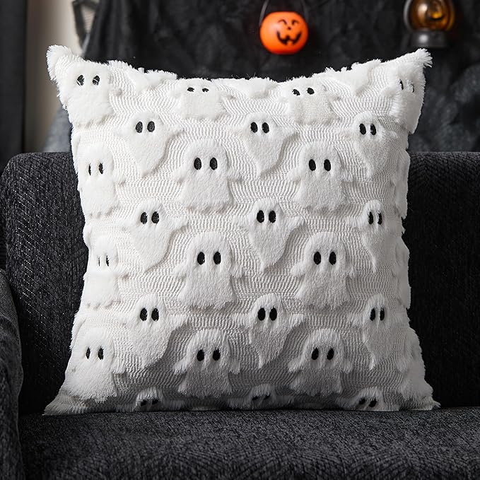 DFXSZ Halloween Pillow Covers 20x20 inch Set of 2 White Ghost Throw Pillow Cases Soft Plush Faux Fur Wool Couch Cushion Case for Chair Sofa Bedroom Living Room Home Decor PTK03A20