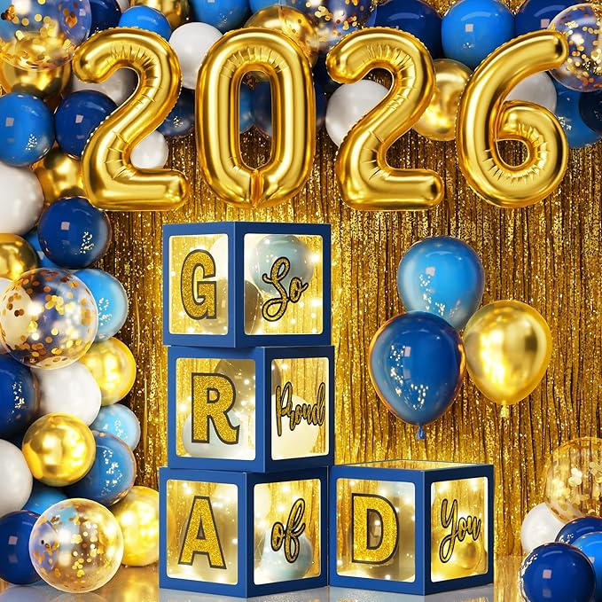 Graduation Party Decorations Class of 2026, 86PCS Blue & Gold Graduation Party Supplies High School College Grad Balloon Boxes with Letter, Foil Curtains, LED String Light, Balloon Garland Kit