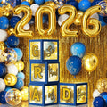 Graduation Party Decorations Class of 2026, 86PCS Blue & Gold Graduation Party Supplies High School College Grad Balloon Boxes with Letter, Foil Curtains, LED String Light, Balloon Garland Kit