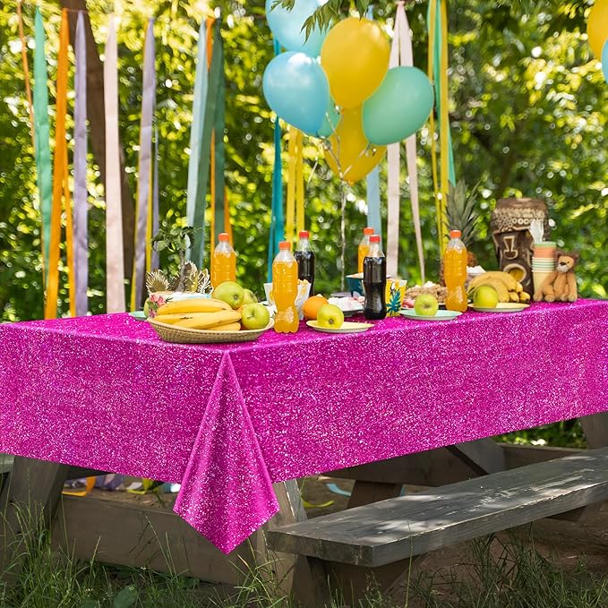 4 Pcs Fuchsia Hot Pink Holographic Tablecloths 40" x 108" Shining Laser Table Cloths for Galentines Valentine's Day Party Supplies Girls Birthday Party Decorations PlasticTable Covers