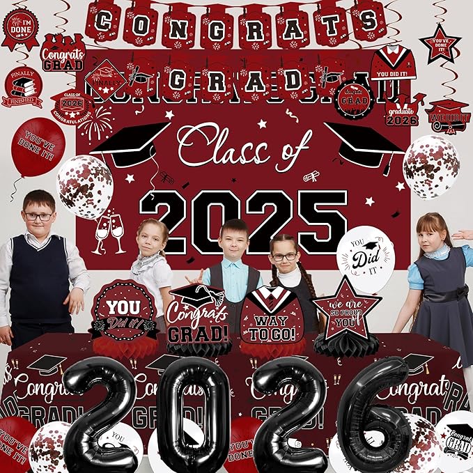 Graduation Decorations 2026, Class of 2026 Backdrop, Banner, 2026 Foil Balloons, Tablecloth, Hanging Swirls, Honeycomb Centerpieces, Party Supplies Decorations Set for College (MAROON)