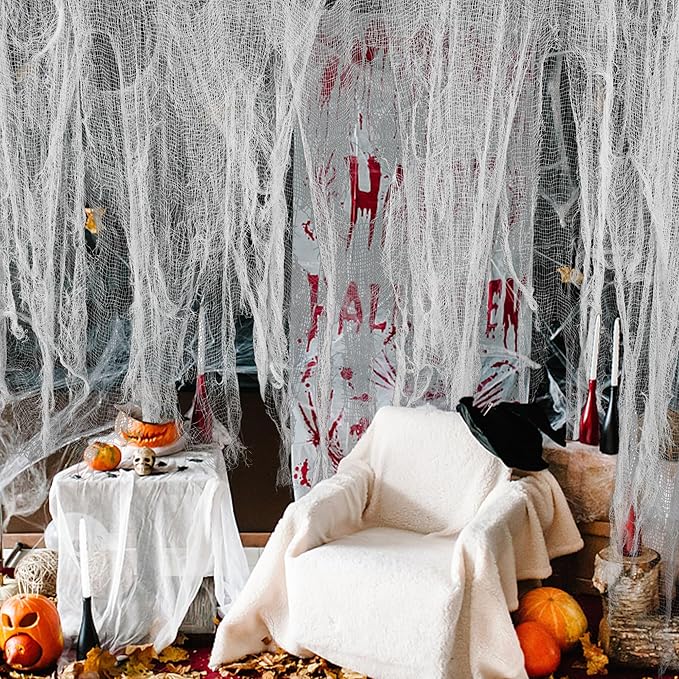 Watayo 300 x 80 Inch Halloween Creepy Cloth, White Large Size Halloween Scary Spooky Cloth, Windows Doorways Cover Gauze for Holiday Party Haunted House Decorations