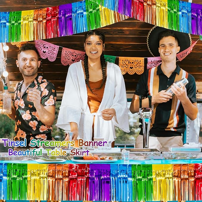 4 Packs Total 39 Ft Rainbow Parade Floats for Trailer Car, Colorful Foil Fringe Garland Tinsel Streamers Hanging Banner Table Skirts for Graduation Homecoming Holiday Birthday Pride Party Decor