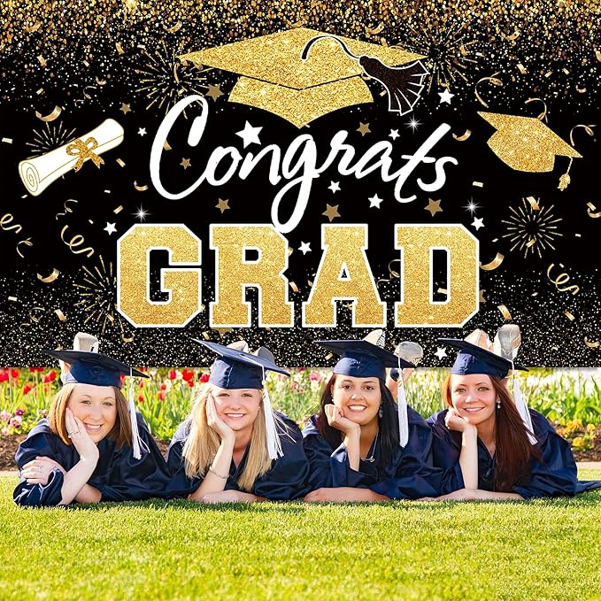 Graduation Party Decorations - Black Gold Congrats Grad Class of 2026 Backdrop Banner Large Sign Wall Decorations Photography Background Party Supplies for 2026 Graduation Party Decorations