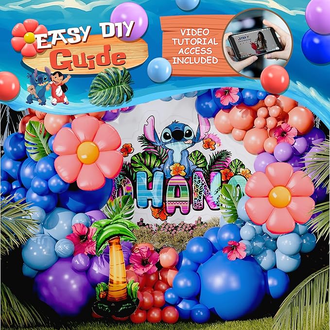 ALL-IN-1 Blue Alien Balloon Arch Kit with BONUS Palm Tree & Tropical Flowers for Cute Space Creature Theme Kids Birthday, Baby Showers & Outer Space Parties - Tropical Blue Monster Party Decorations