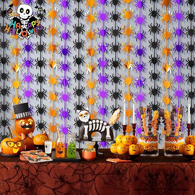 Halloween Party Decorations,2 Pack Orange Purple Black Spider Metallic Foil Fringe Curtains, 3.3 X 6.6 Ft Photo Booth Props Streamers Backdrop for Halloween Party Supplies Haunted House Decor