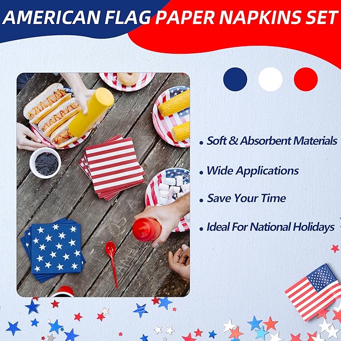 50 Count American Flag Paper Napkins – 25 Red & White Stripe and 25 Blue with Stars Design, Disposable Beverage Cocktail Napkins for 4th of July, Memorial Day, Patriotic Parties, and Table Decorations