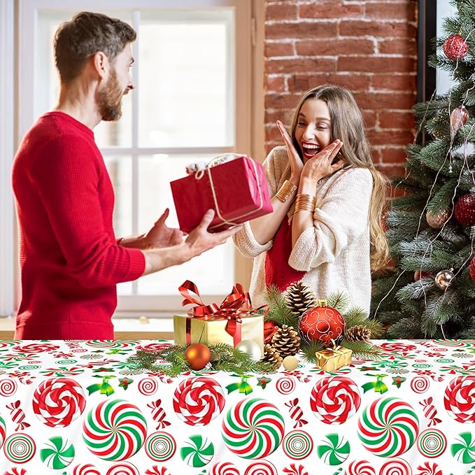4 Pack Christmas Candy Cane Plastic Tablecloths,54 x 108 Inch Disposable Holiday Table Covers with Lollipops Design for Christmas Party Decorations Winter Dinner and Festive Events