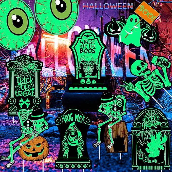 10 PCs Halloween Decorations Outdoor Tombstone Yard Sign with Stakes Glow in The Dark Graveyard Tombstones Pumpkin Ghost Props for Family Home Front Yard Lawn Garden Halloween Party Decor