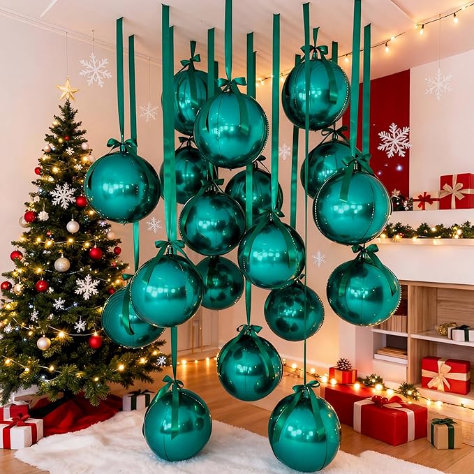 20 Pcs VBS 2026 Metallic Green Foil Balloons Giant 22 Inch 4d Round Metallic Green Balloons with Emerald Ribbon for Birthday Baby Shower Anniversary Tea Party Decorations